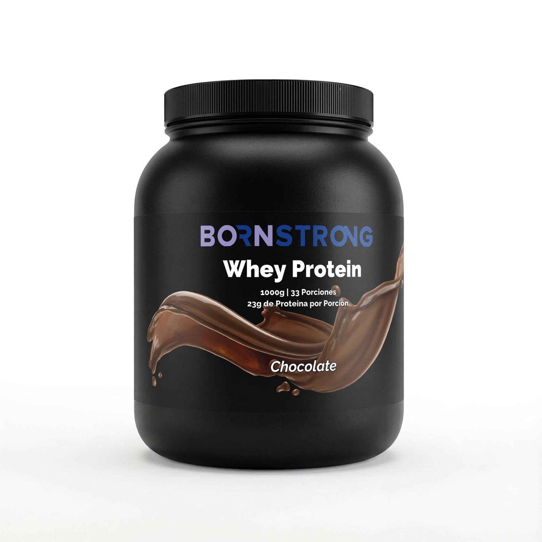 Envase de Premium Whey Protein BornStrong sabor chocolate, preparado con concentrado de suero