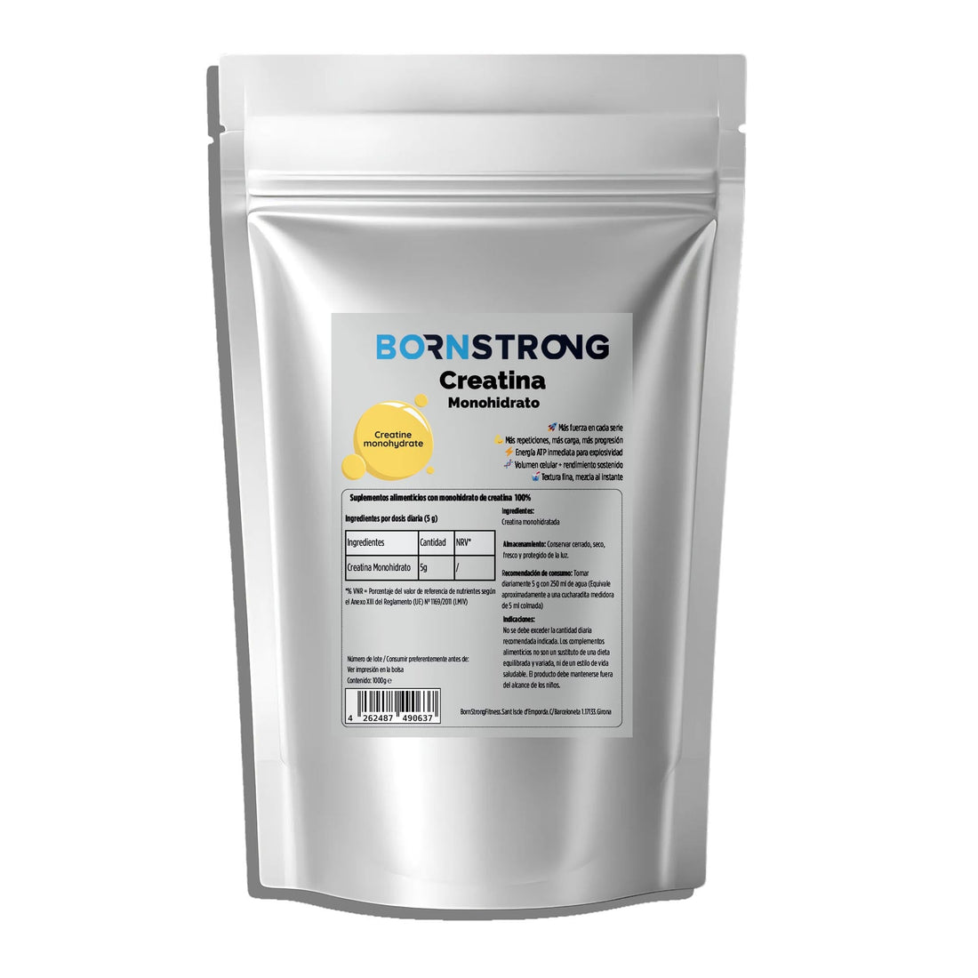 Bolsa BornStrong de creatina monohidrato micronizada en polvo, formato de 1 kg