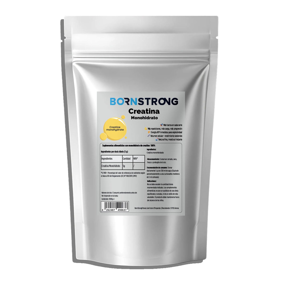 Bolsa BornStrong de creatina monohidrato micronizada en polvo, formato de 1 kg