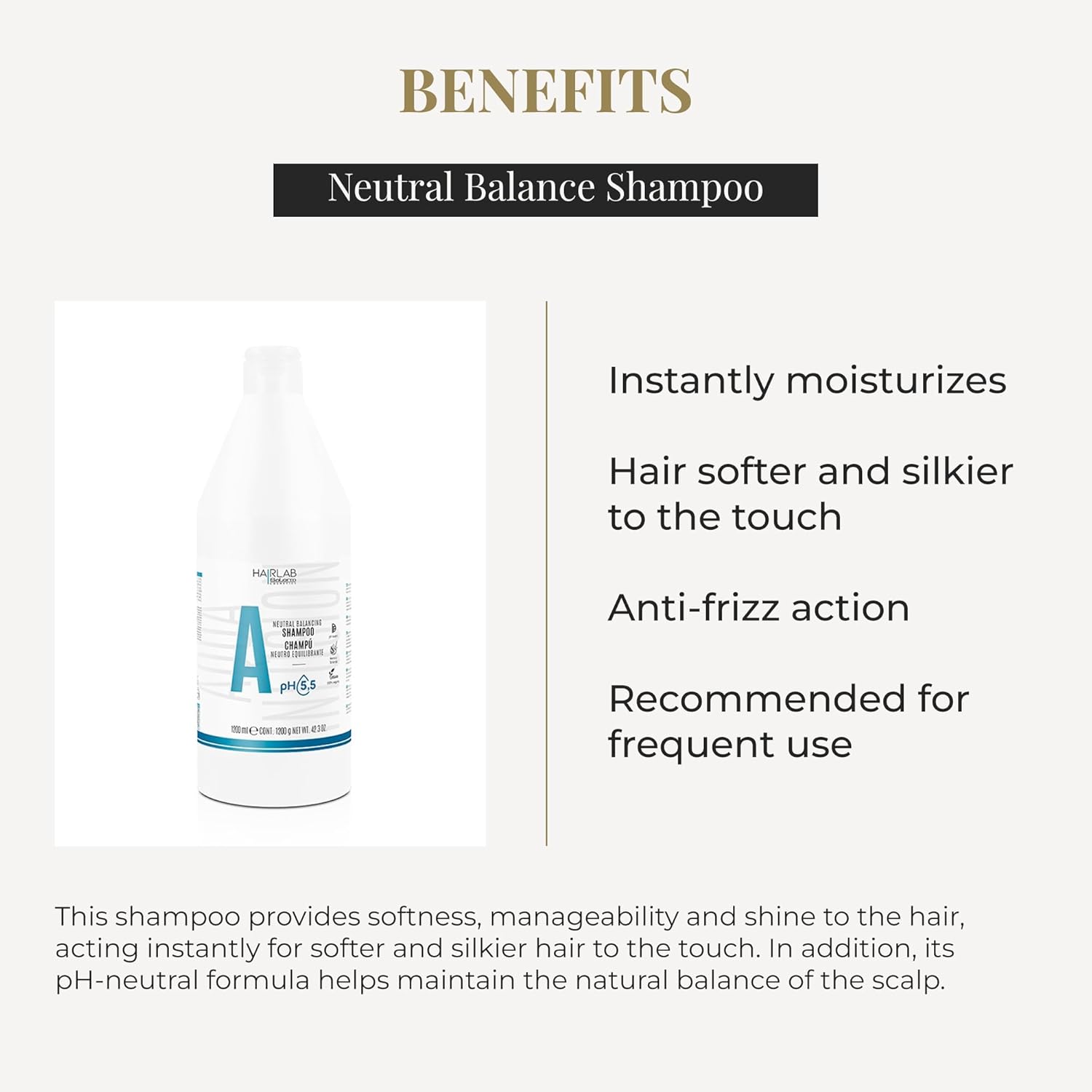 SALERM - Champú Neutro Dermoprotector - Hair Lab Neutral Balancing - 1200 ml - pH Neutro - para Todo Tipo de Cabellos - con VItaminas B y C - Hidrata y Cuida el Cuero Cabelludo - Anti Encrespamiento