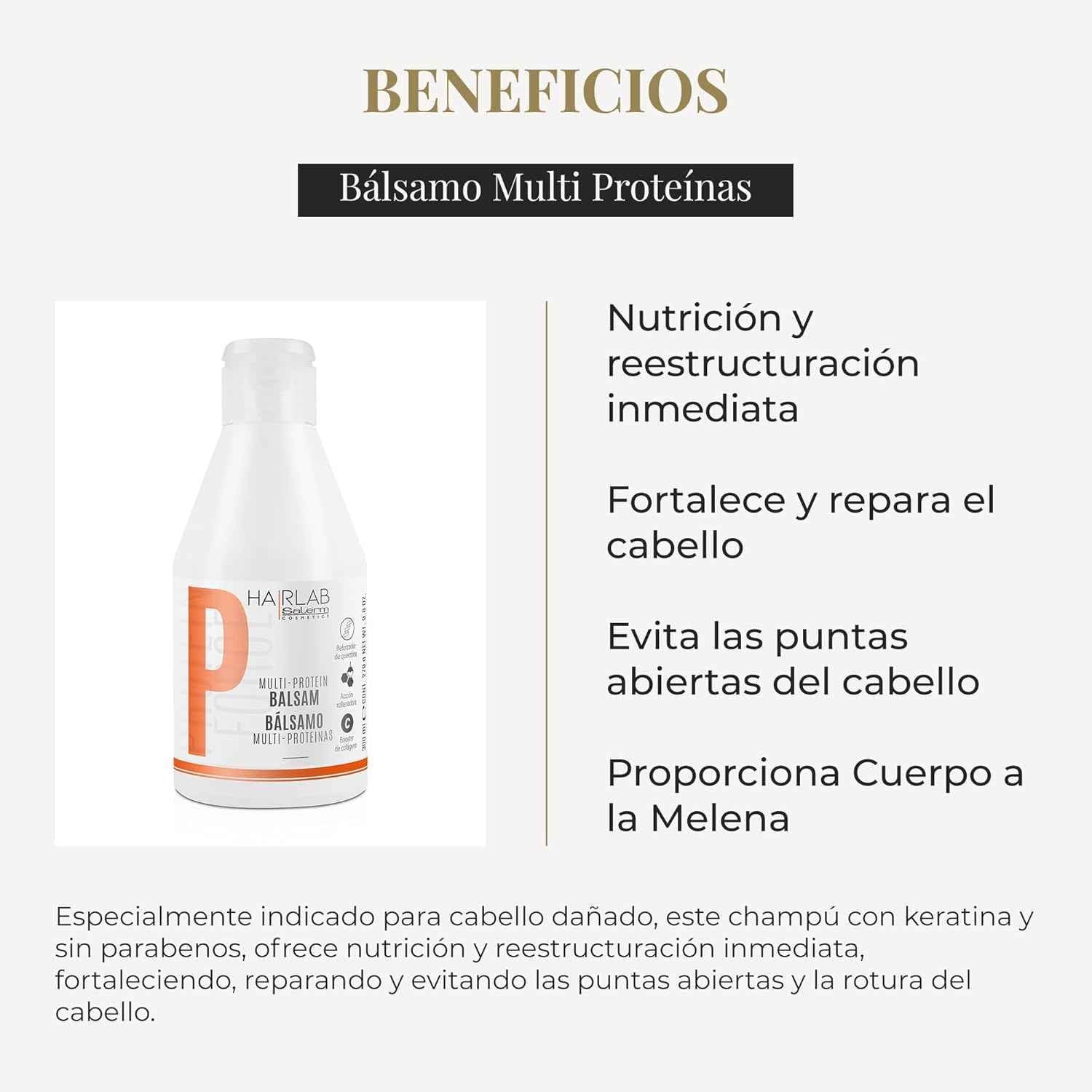 SALERM - Acondicionador Cabello - Bálsamo Multi-Proteínas Hair Lab - 300 ml - Repone la Falta de Queratina Natural - Proporciona Cuerpo a la Melena - Fortalece y Repara el Cabello - Sin Parabenos