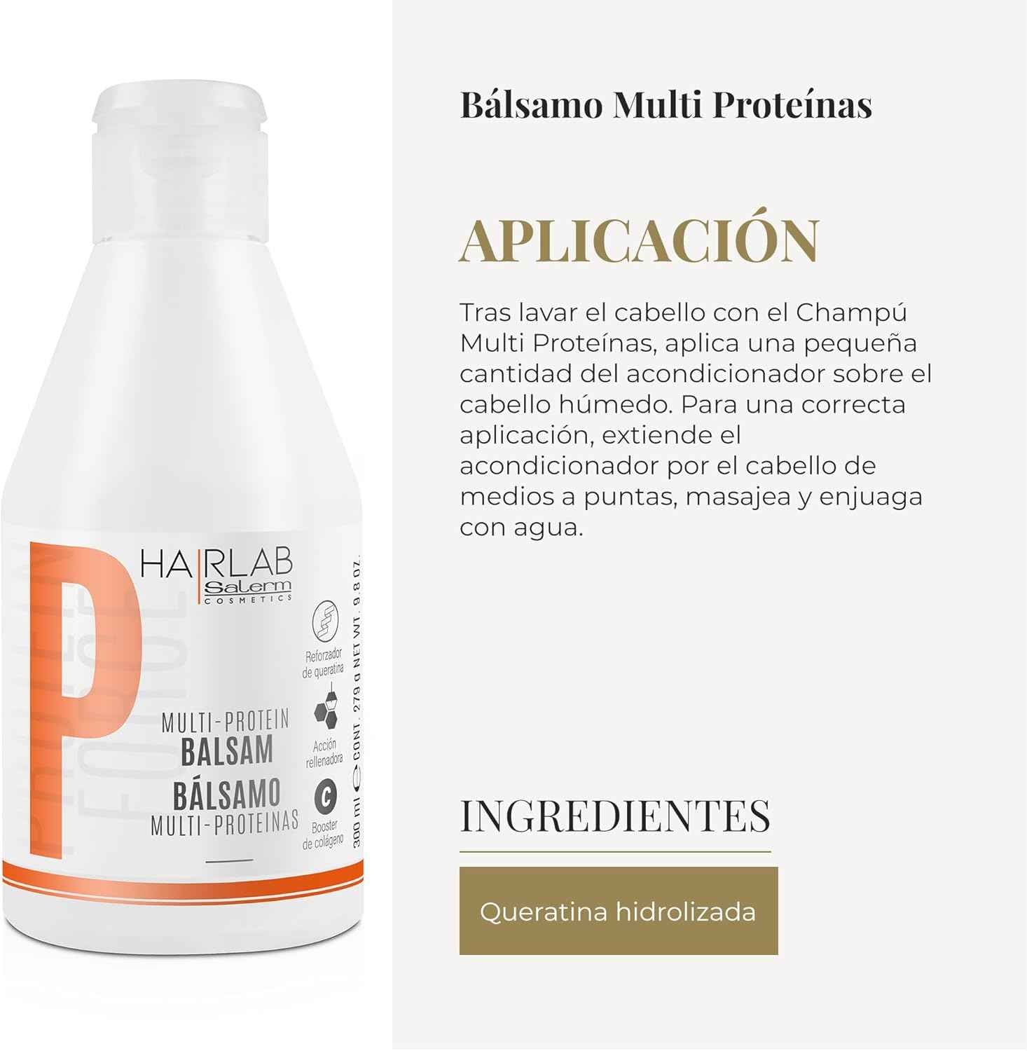 SALERM - Acondicionador Cabello - Bálsamo Multi-Proteínas Hair Lab - 300 ml - Repone la Falta de Queratina Natural - Proporciona Cuerpo a la Melena - Fortalece y Repara el Cabello - Sin Parabenos