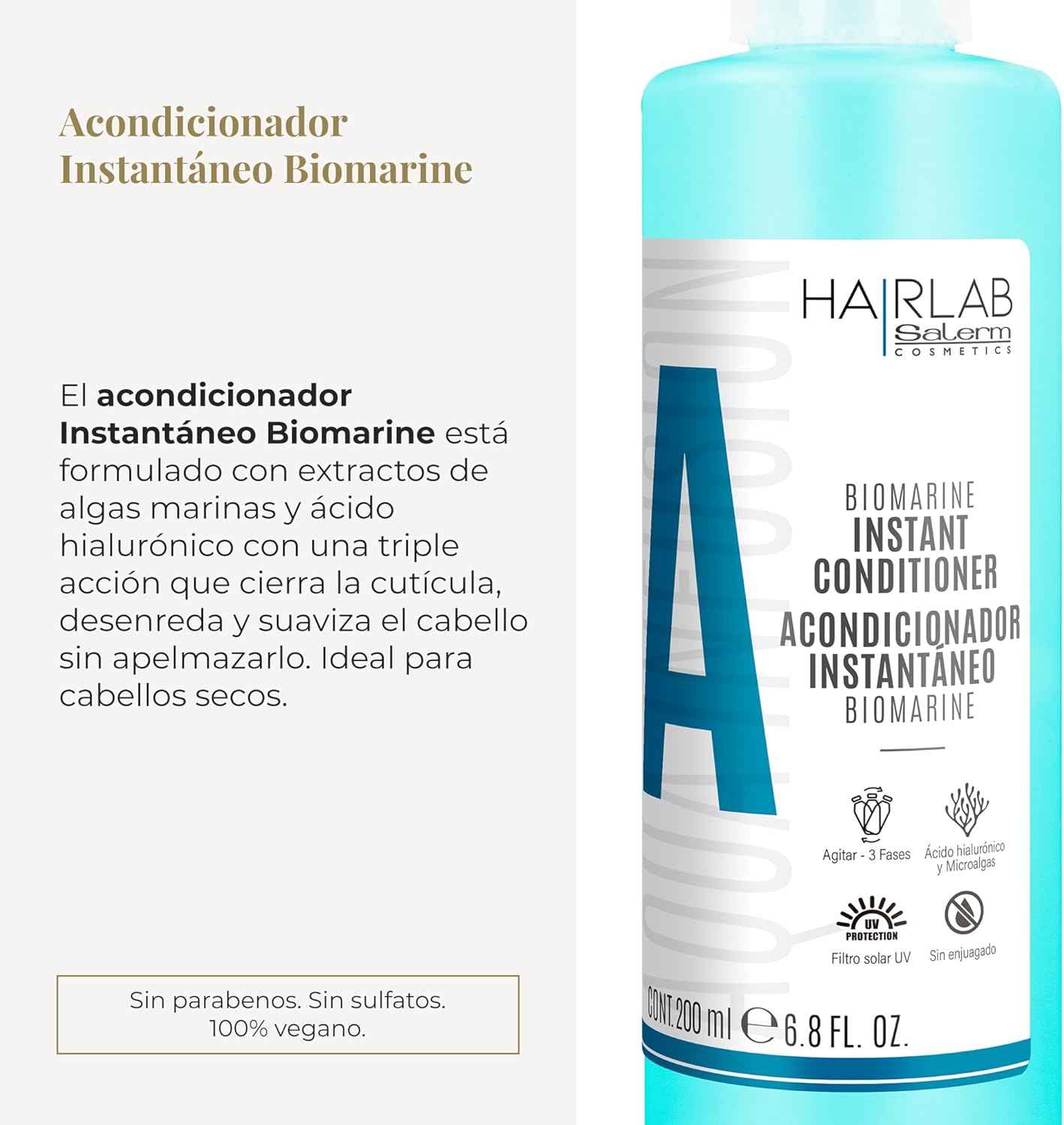 SALERM - Acondicionador Pelo sin Aclarado - Biomarine Hair Lab - 200 ml - Hidrata y Desenreda el Cabello - Cierra la Cutícula - Extracto de Algas Marinas y Ácido Hialurónico - Sin Parabenos