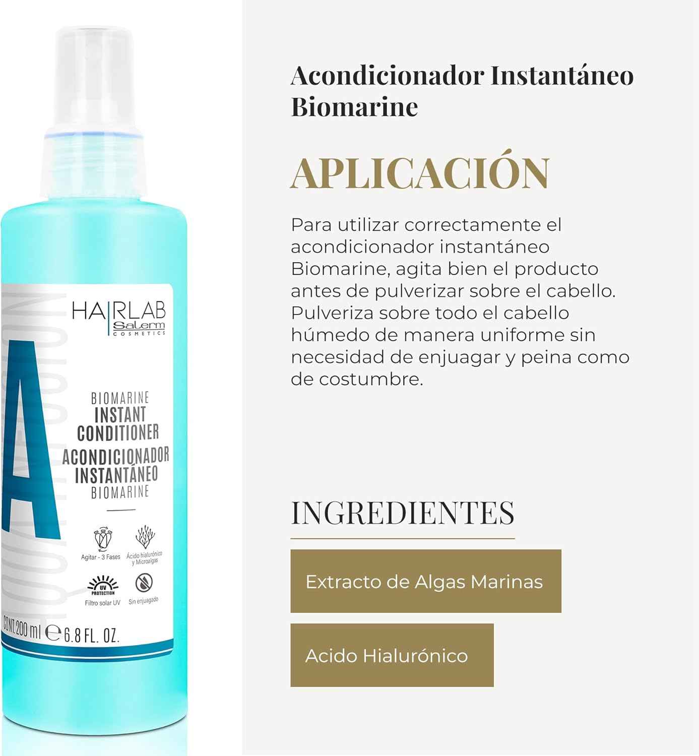 SALERM - Acondicionador Pelo sin Aclarado - Biomarine Hair Lab - 200 ml - Hidrata y Desenreda el Cabello - Cierra la Cutícula - Extracto de Algas Marinas y Ácido Hialurónico - Sin Parabenos
