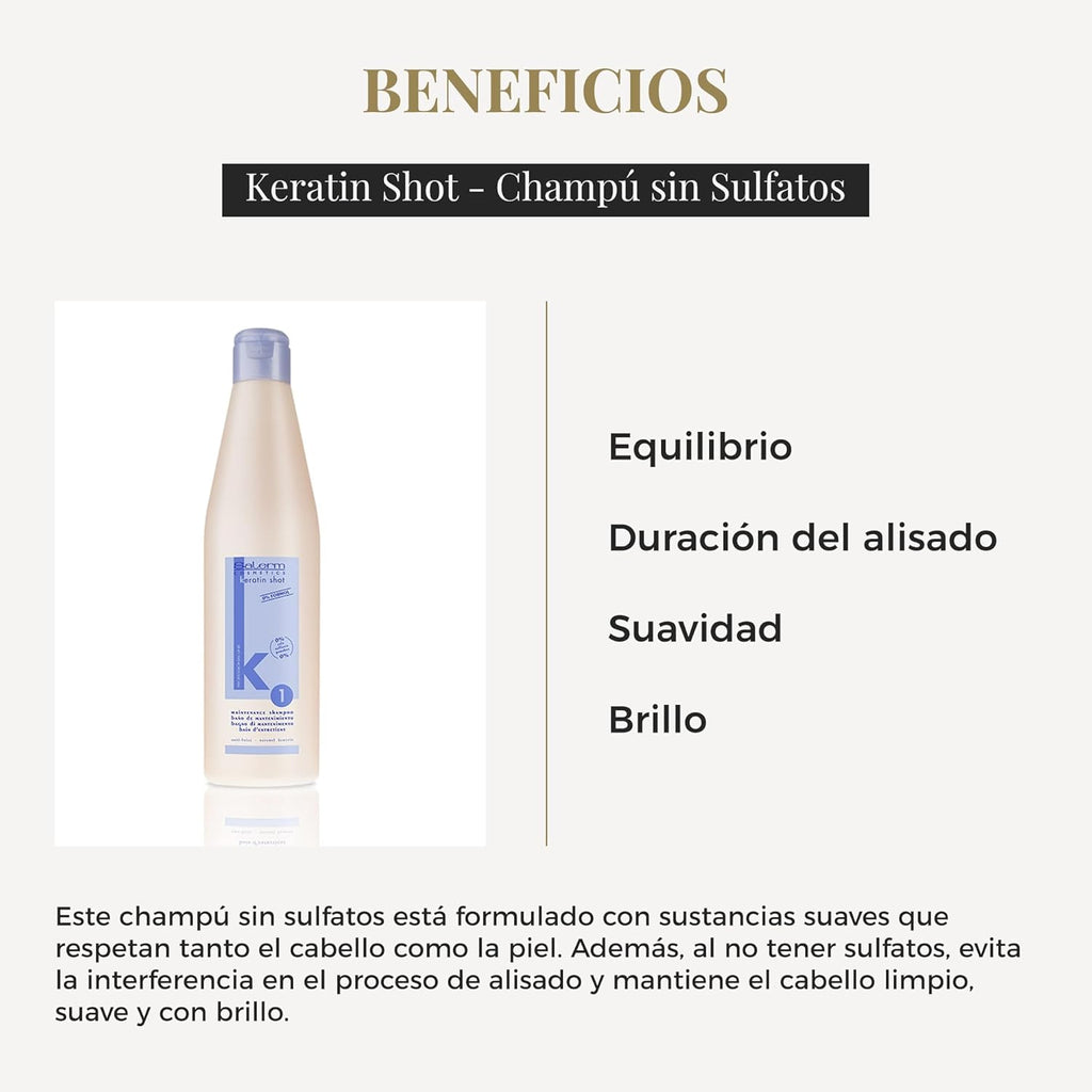 SALERM - Keratin Shot - Champú sin Sulfatos - 500 ml - Preparación y Mantenimiento para Tratamiento de Queratina para Alisar el Cabello - Cabello Suave y Brillante