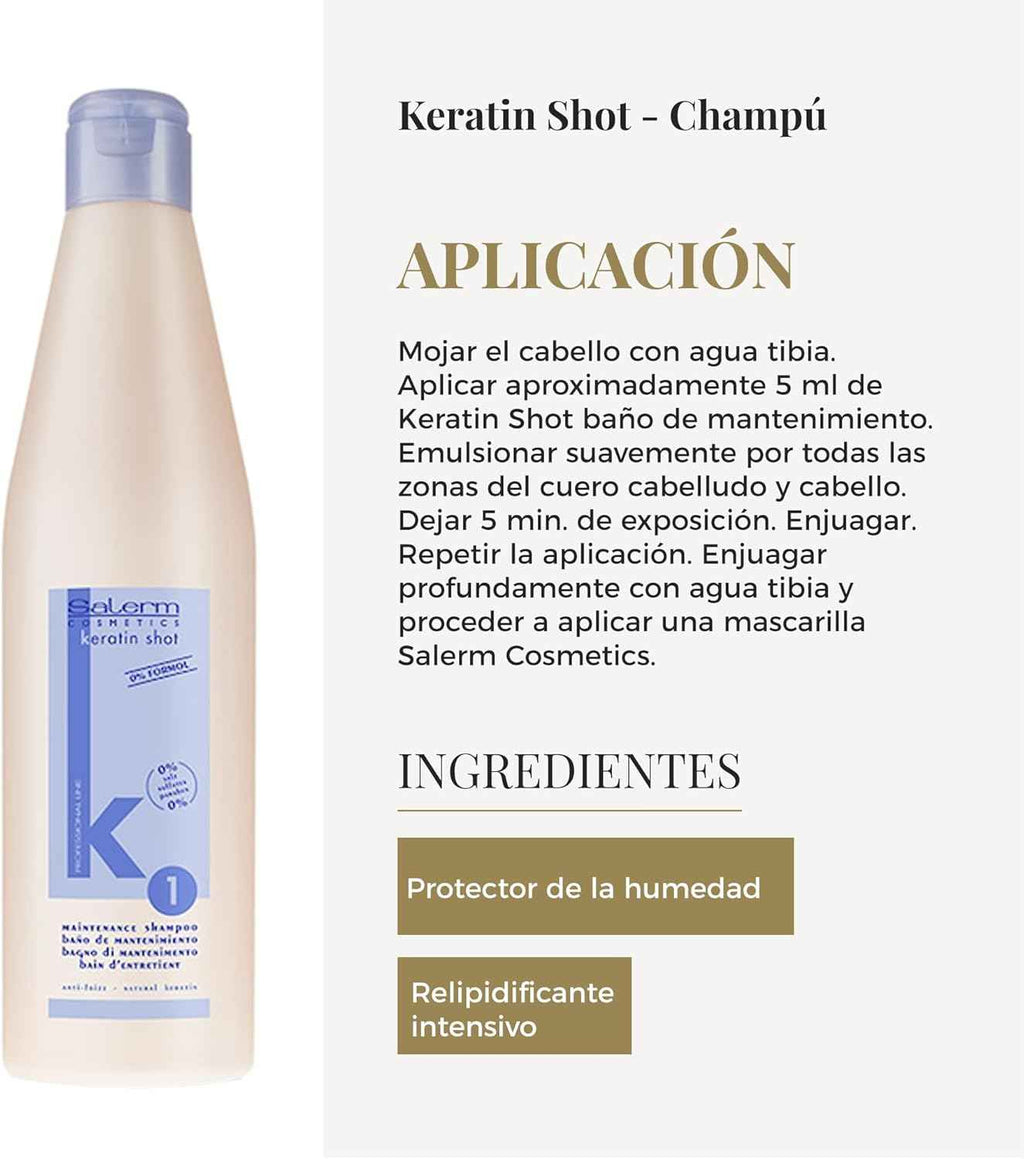 SALERM - Keratin Shot - Champú sin Sulfatos - 500 ml - Preparación y Mantenimiento para Tratamiento de Queratina para Alisar el Cabello - Cabello Suave y Brillante