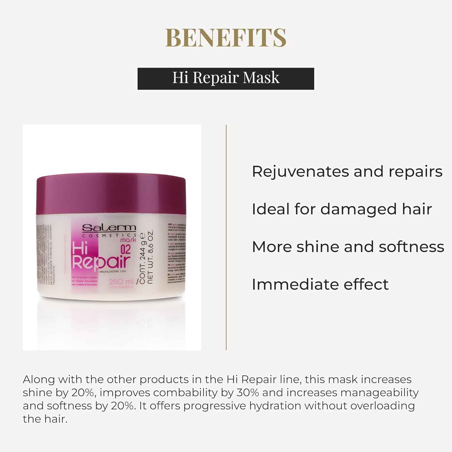 SALERM - Mascarilla Reparadora Cabello - Hi Repair Mask 02-250 ml - Hidratación Profunda Cabello Dañado - Repara y Rejuvenece - Melena más Brillante y Suave - Efecto Inmediato