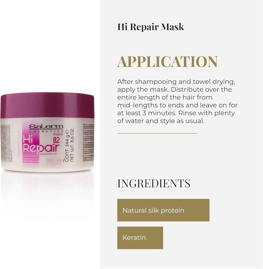 SALERM - Mascarilla Reparadora Cabello - Hi Repair Mask 02-250 ml - Hidratación Profunda Cabello Dañado - Repara y Rejuvenece - Melena más Brillante y Suave - Efecto Inmediato