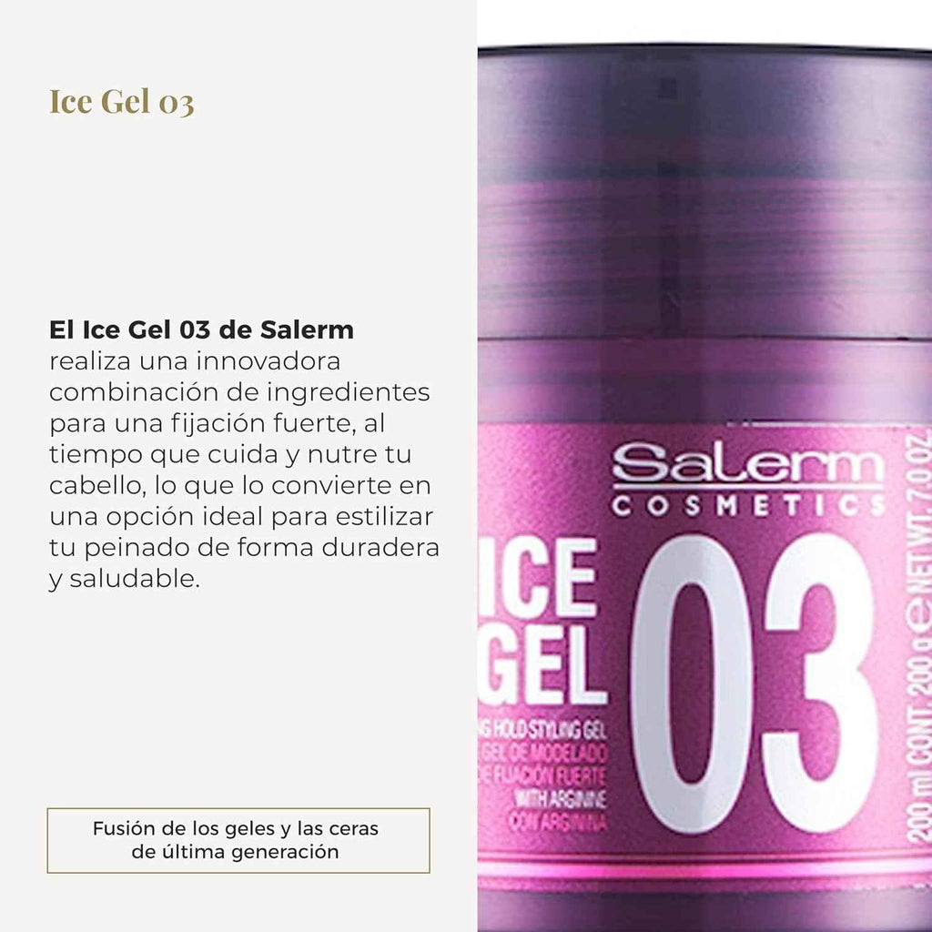 SALERM - Gel Fijador para el Pelo - Ice Gel 03-200 ml - Fijación Fuerte - Gel Efecto Mojado - Fijación e Hidratación del Cabello - con Arginina - Fortalece la Fibra Capilar