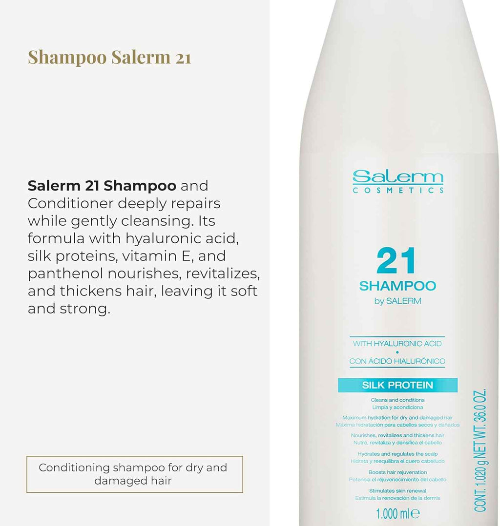 SALERM - Champú Hidratante - Salerm 21 Silk Protein - 1000 ml - Pelo Seco y Dañado - Proteínas de Seda - Nutre, Repara y Revitaliza el Cabello - Protección Térmica