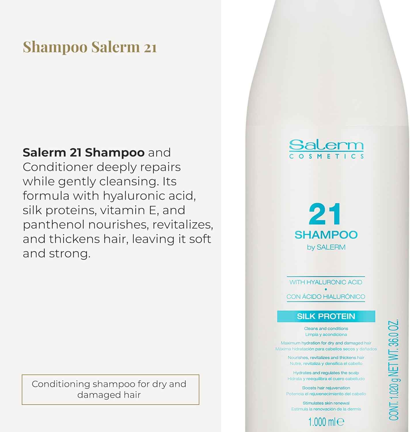SALERM - Champú Hidratante - Salerm 21 Silk Protein - 1000 ml - Pelo Seco y Dañado - Proteínas de Seda - Nutre, Repara y Revitaliza el Cabello - Protección Térmica