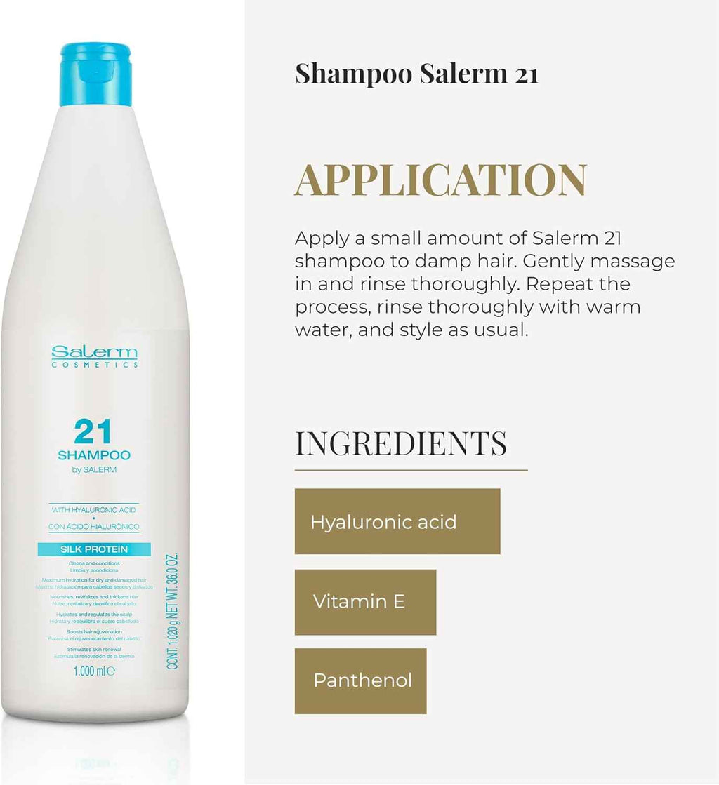 SALERM - Champú Hidratante - Salerm 21 Silk Protein - 1000 ml - Pelo Seco y Dañado - Proteínas de Seda - Nutre, Repara y Revitaliza el Cabello - Protección Térmica
