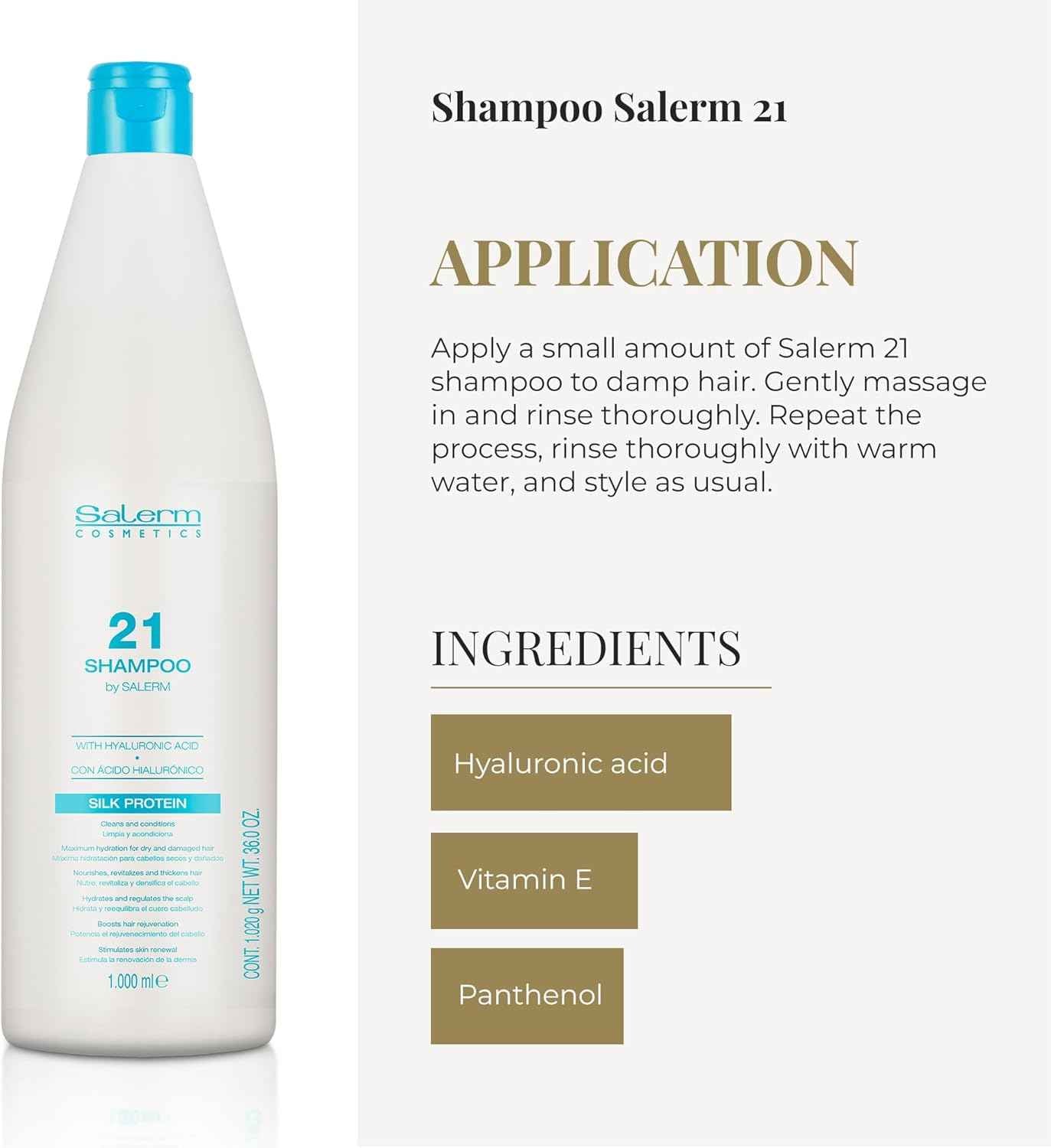 SALERM - Champú Hidratante - Salerm 21 Silk Protein - 1000 ml - Pelo Seco y Dañado - Proteínas de Seda - Nutre, Repara y Revitaliza el Cabello - Protección Térmica