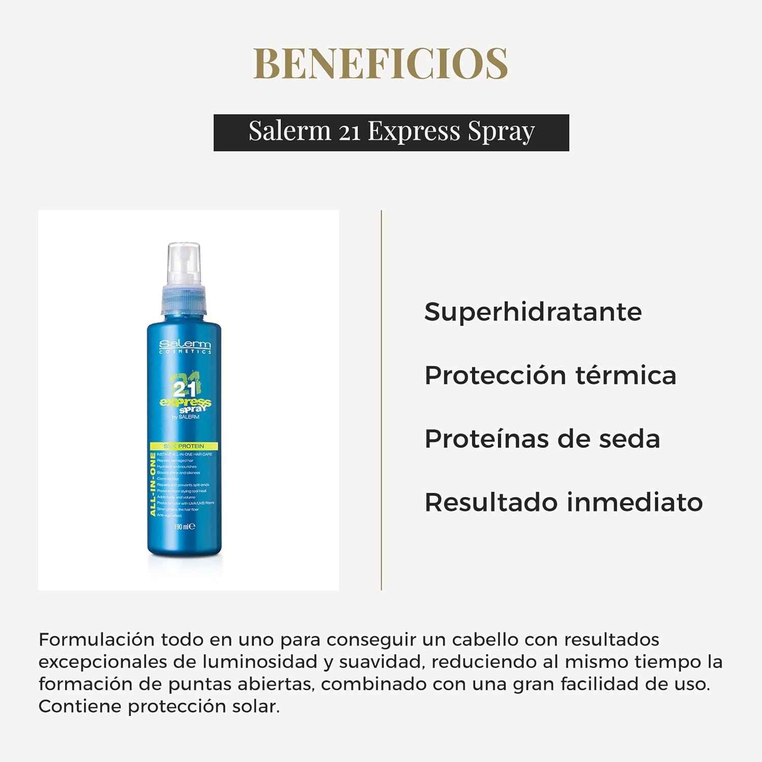 SALERM - Mascarilla sin Aclarado - 21 Express Spray - 190 ml - con Proteína de Seda - Repara el Pelo Dañado - Hidrata el Cabello - con Protector Térmico para el Pelo - Frizz Control