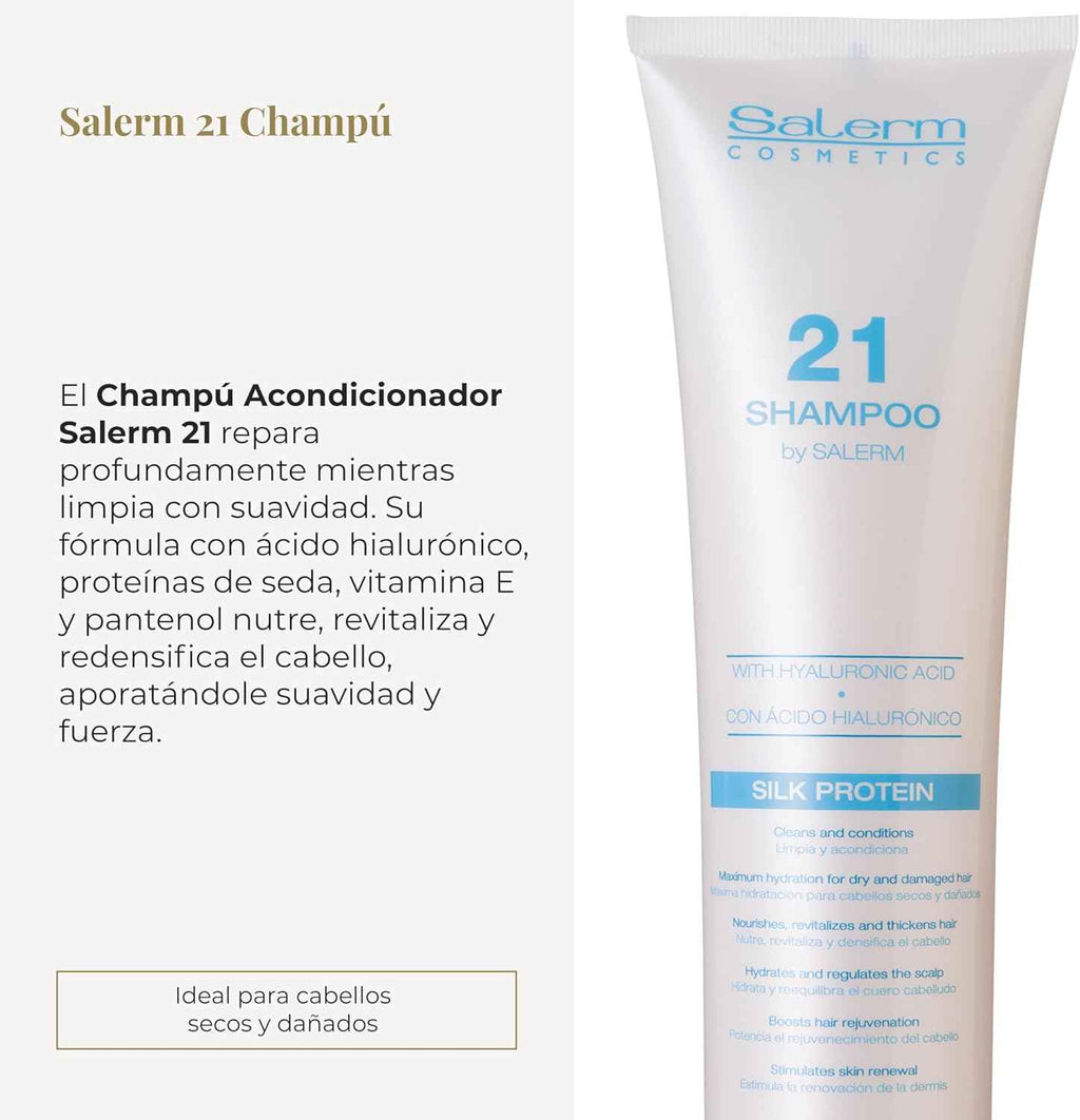 SALERM - Champú Hidratante - Salerm 21 Silk Protein - 300 ml - para Pelo Seco y Dañado - con Proteínas de Seda - Nutre, Repara y Revitaliza el Cabello - Protección Térmica