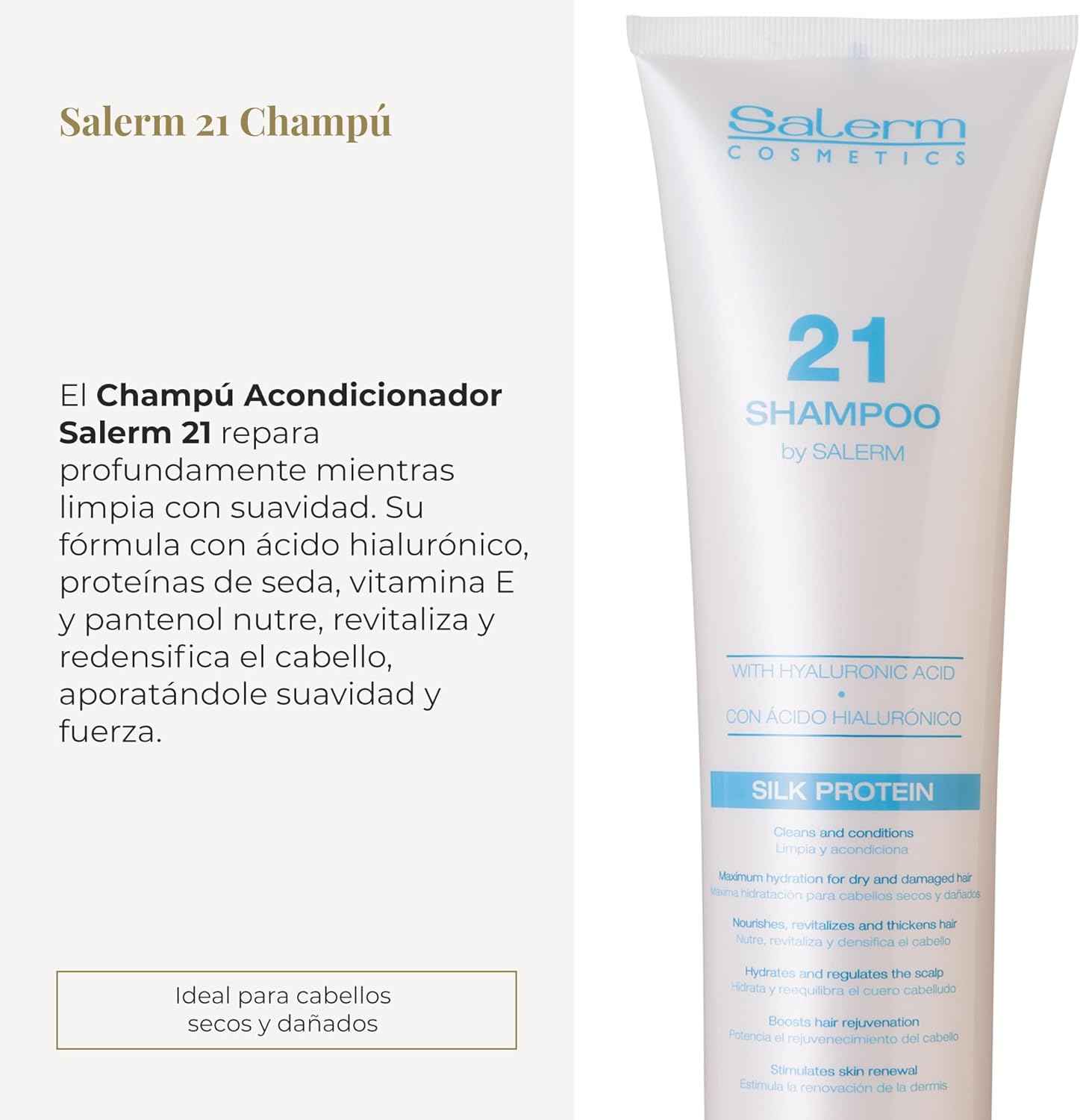 SALERM - Champú Hidratante - Salerm 21 Silk Protein - 300 ml - para Pelo Seco y Dañado - con Proteínas de Seda - Nutre, Repara y Revitaliza el Cabello - Protección Térmica