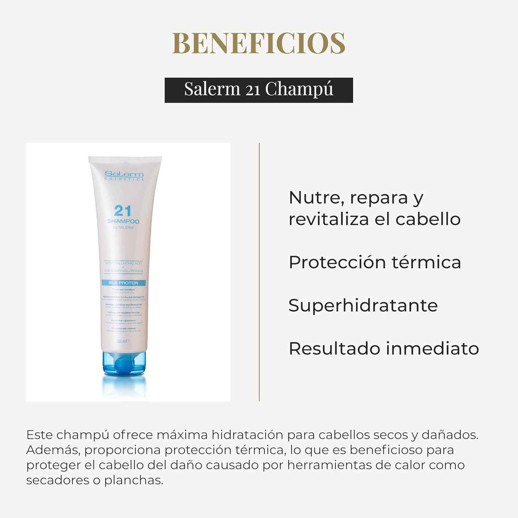SALERM - Champú Hidratante - Salerm 21 Silk Protein - 300 ml - para Pelo Seco y Dañado - con Proteínas de Seda - Nutre, Repara y Revitaliza el Cabello - Protección Térmica