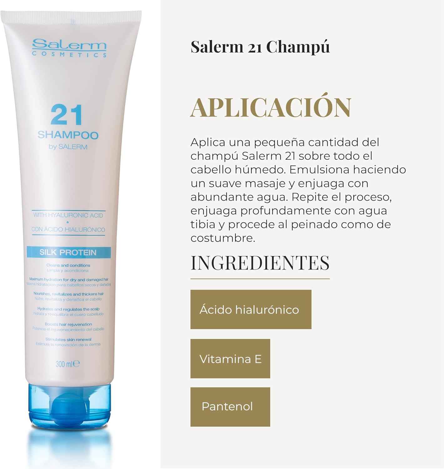 SALERM - Champú Hidratante - Salerm 21 Silk Protein - 300 ml - para Pelo Seco y Dañado - con Proteínas de Seda - Nutre, Repara y Revitaliza el Cabello - Protección Térmica