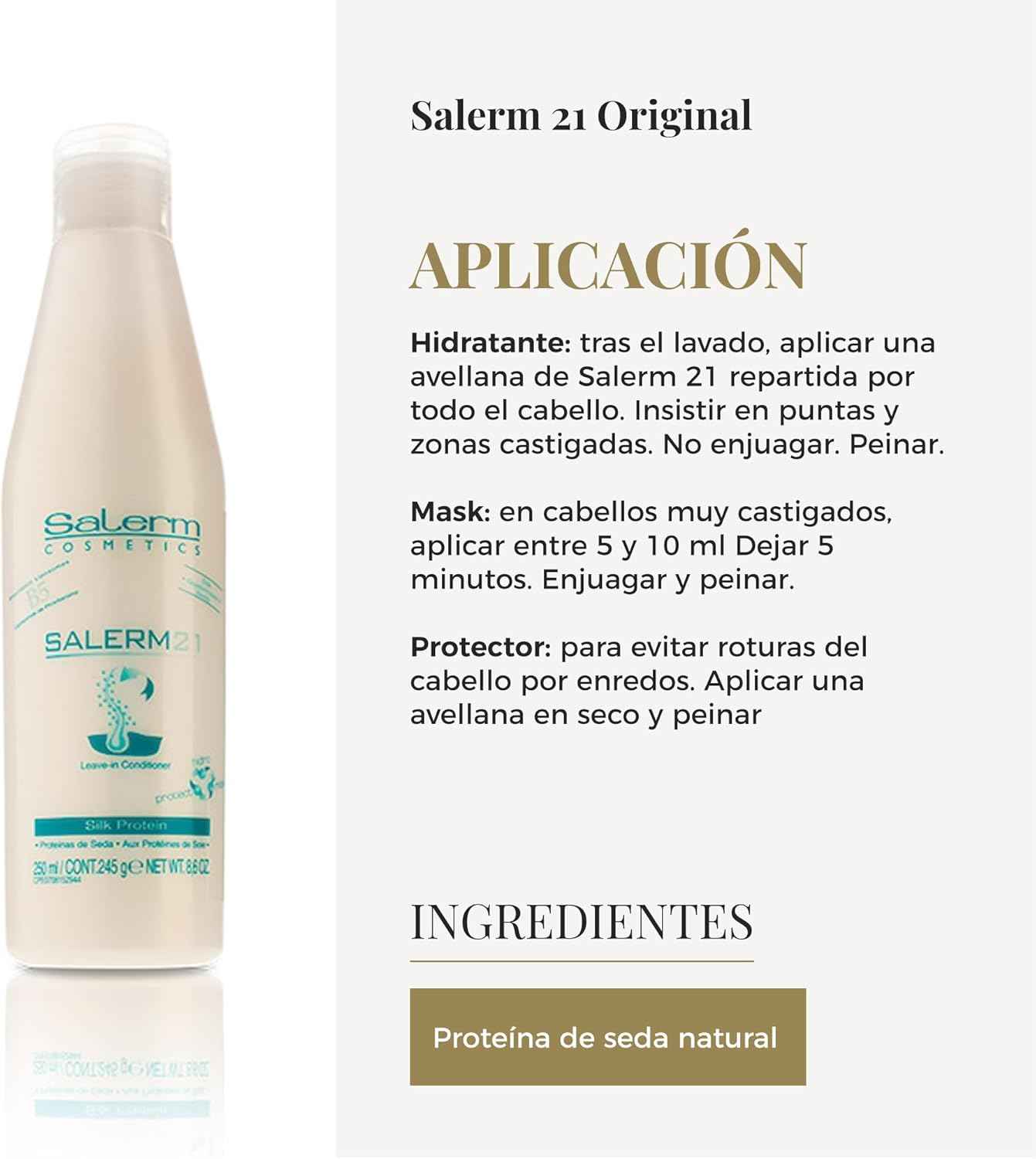 SALERM - Acondicionador de Pelo Instantáneo - Salerm 21 Silk Protein - 250 ml - sin Aclarado o con Aclarado - con Proteínas de Seda - Protector del Calor e Hidratante