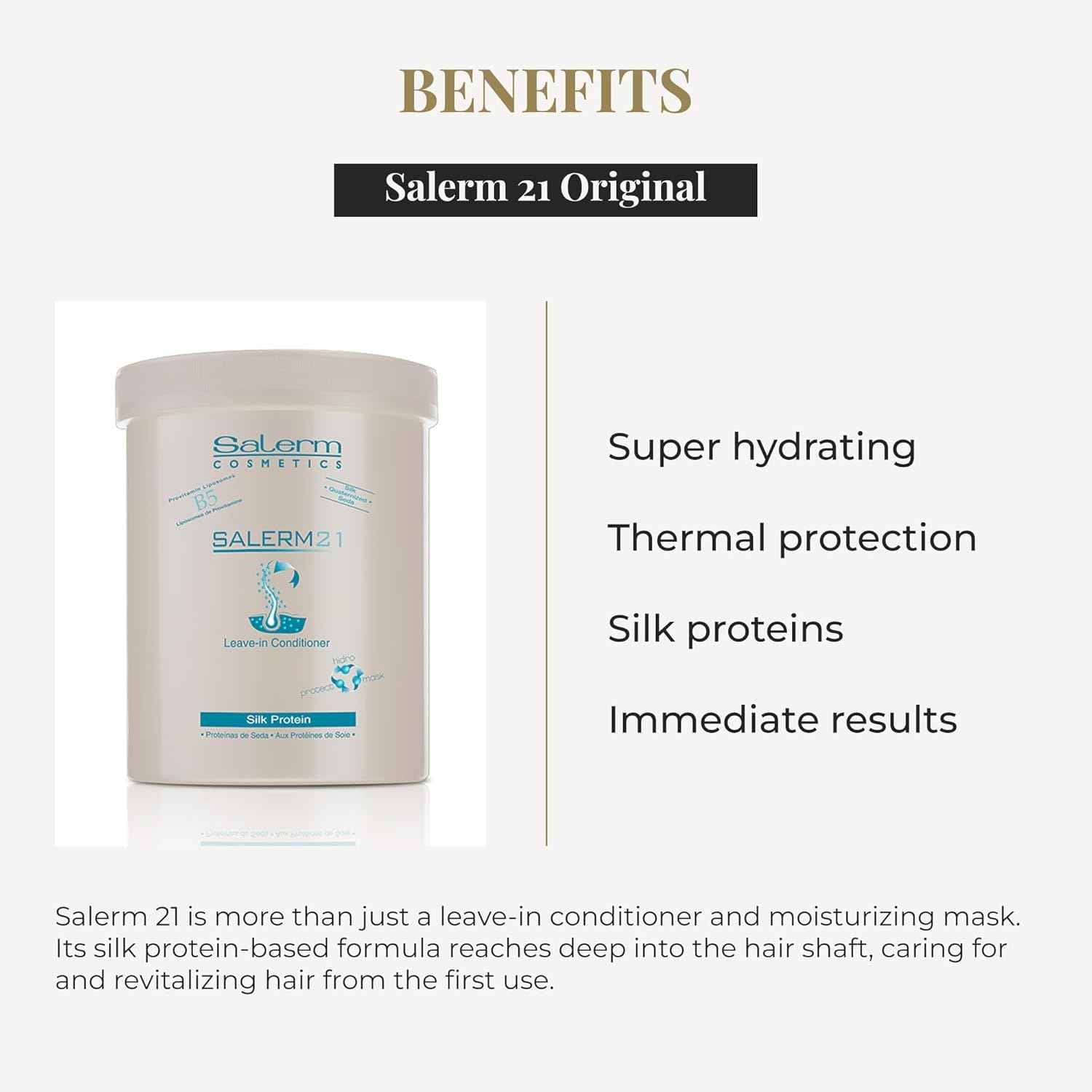 SALERM - Acondicionador de Pelo Instantáneo - Salerm 21 Silk Protein - 1000 ml - Acondicionador sin Aclarado o con Aclarado - con Proteínas de Seda - Protector del Calor e Hidratante