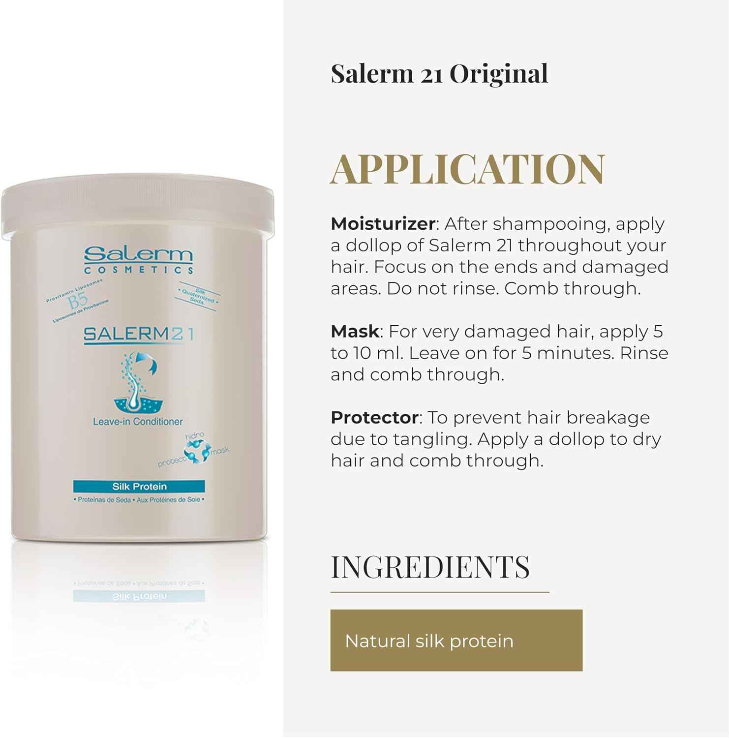 SALERM - Acondicionador de Pelo Instantáneo - Salerm 21 Silk Protein - 1000 ml - Acondicionador sin Aclarado o con Aclarado - con Proteínas de Seda - Protector del Calor e Hidratante