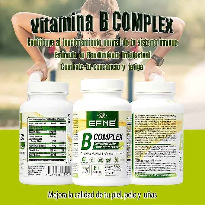 COMPLEJO DE VITAMINA B COMPLEX CON METILFOLATO. Forma Activa Ácido Fólico. (Deficiencias por veganismo, Agotamiento)