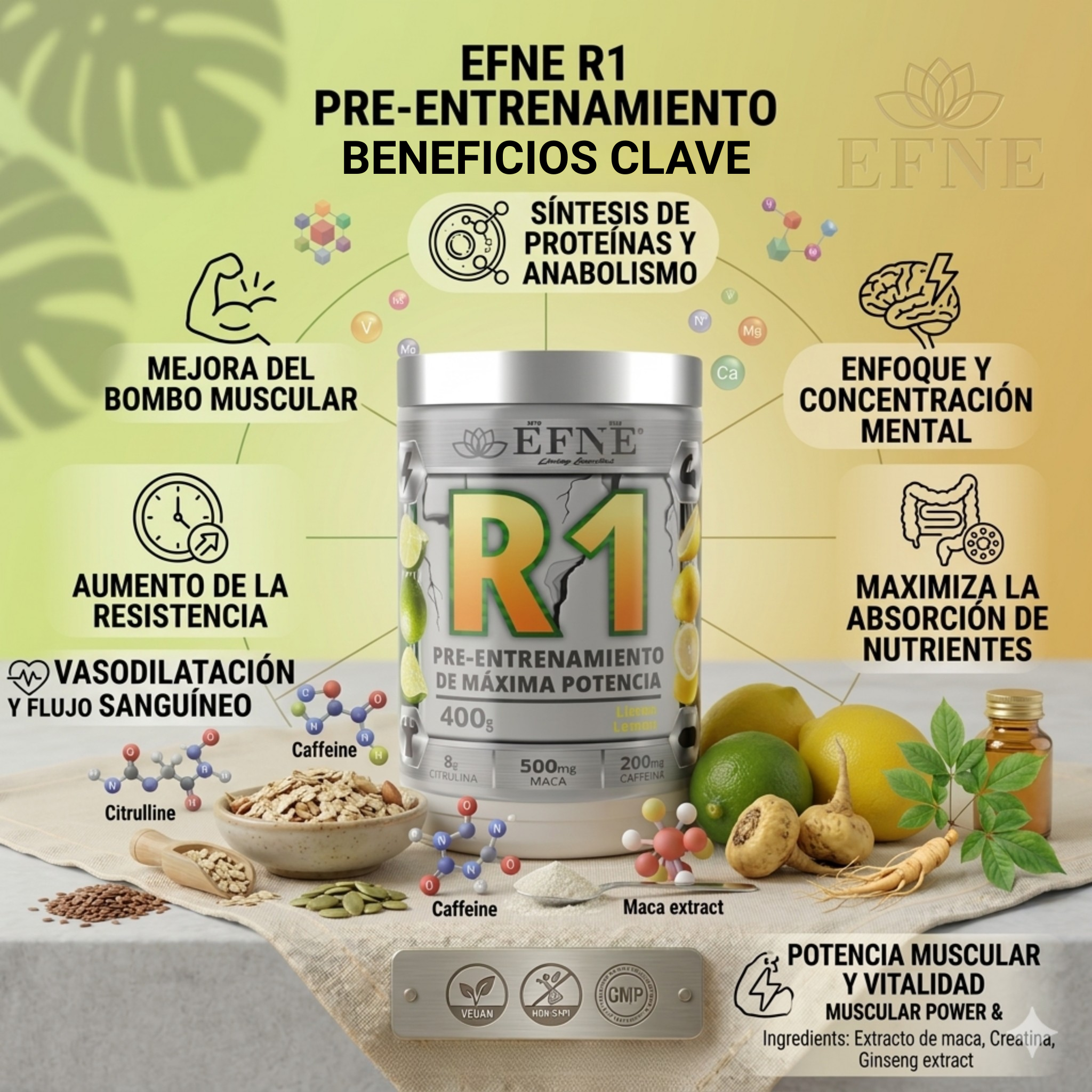 R1 EFNE – Pre Entrenamiento con Cafeína y Potenciadores de Rendimiento (Limón)