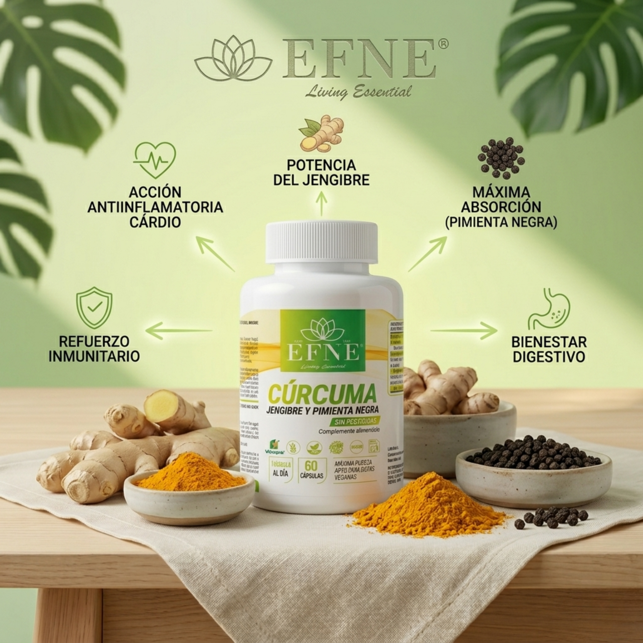 Cúrcuma + Jengibre + Pimienta Negra EFNE — 60 cápsulas