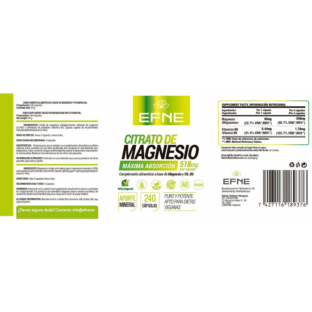 Citrato de Magnesio + B6 EFNE | Alta Absorción y Máxima Pureza (90 / 240 Cápsulas)