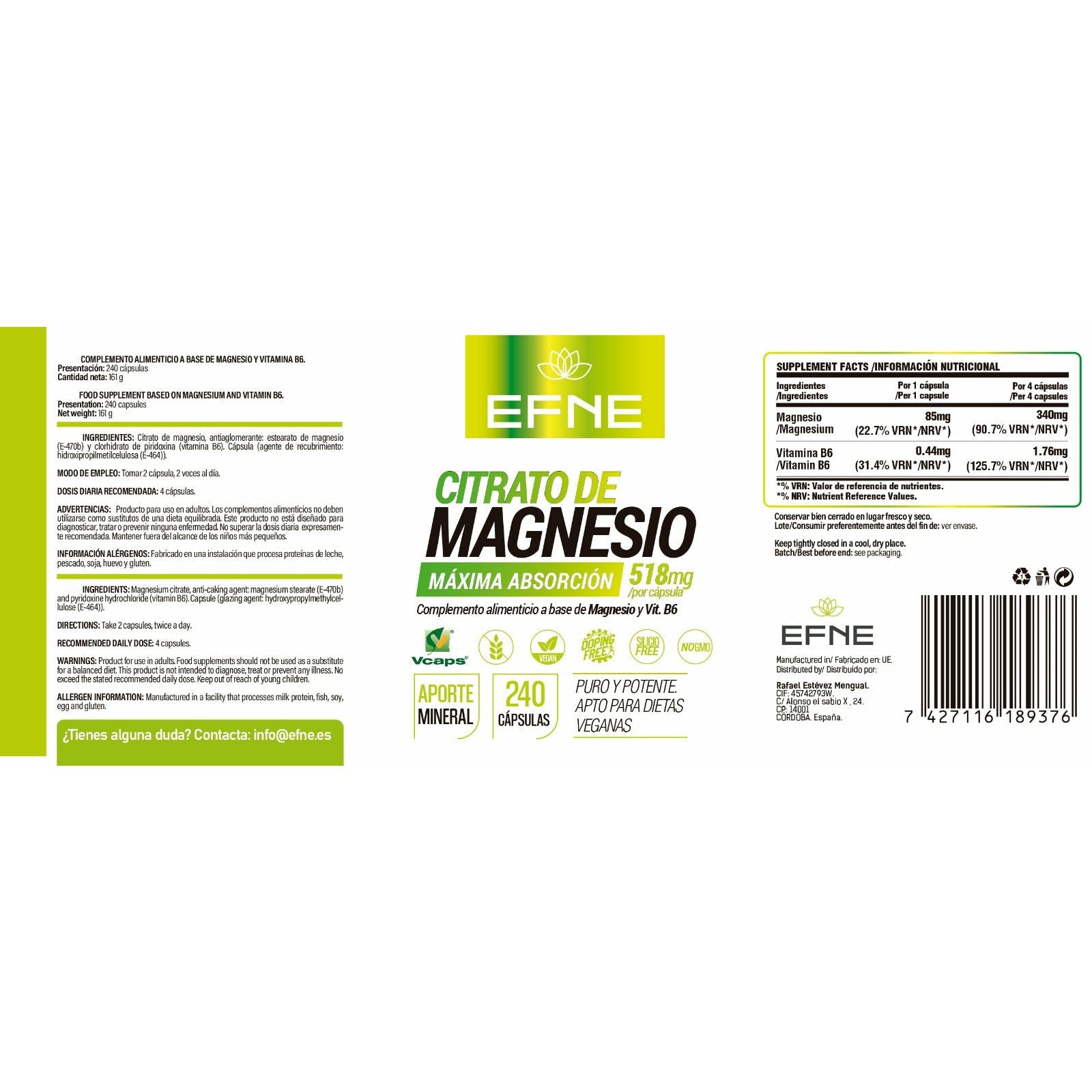 Citrato de Magnesio + B6 EFNE | Alta Absorción y Máxima Pureza (90 / 240 Cápsulas)