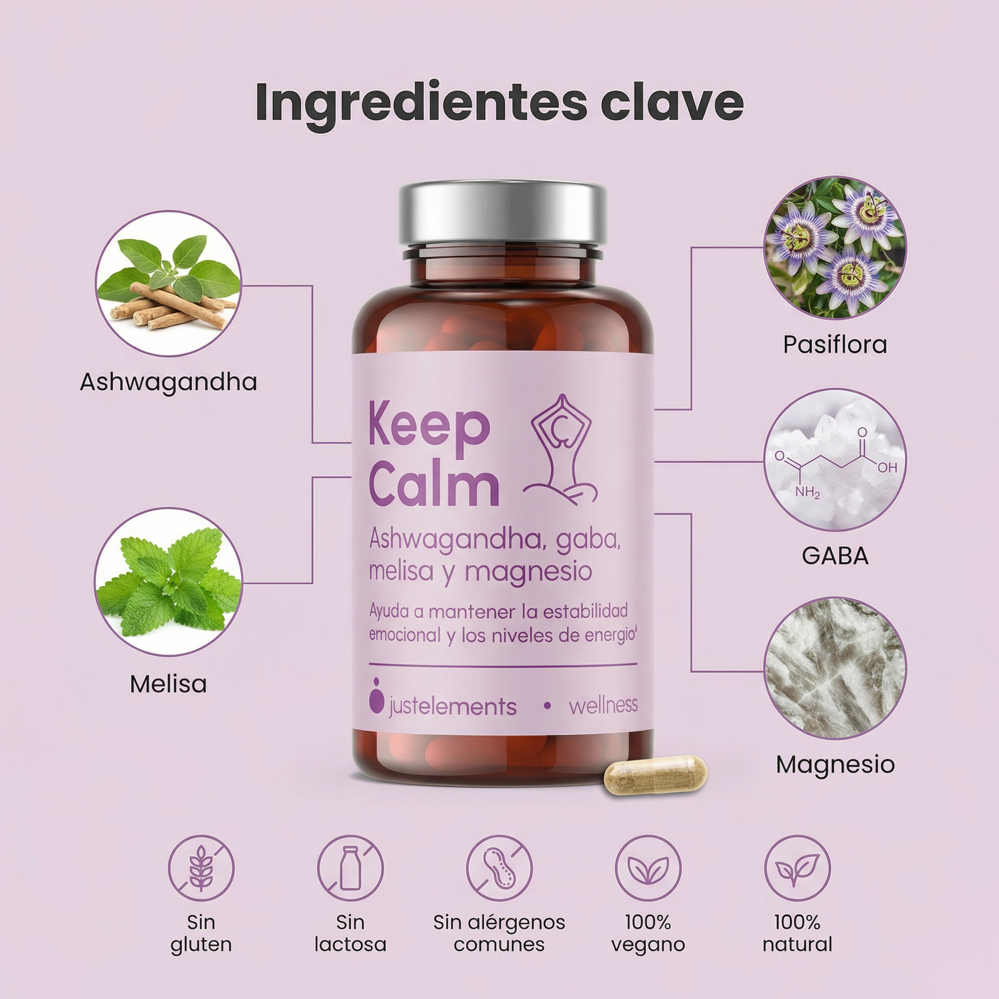 Ashwagandha con Magnesio Keep Calm Just Elements Wellness 120 cápsulas