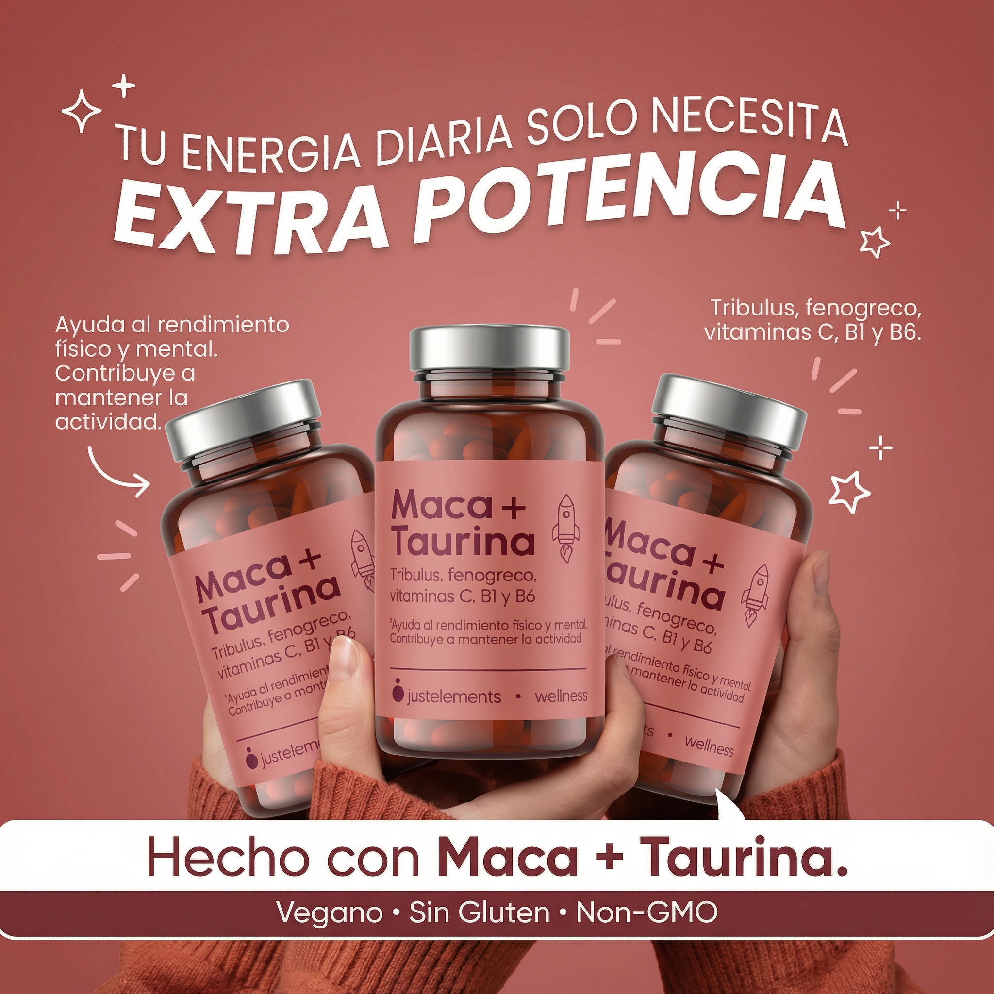 Maca + Taurina Just Elements Wellness 120 cápsulas - Aumenta tu rendimiento fisico