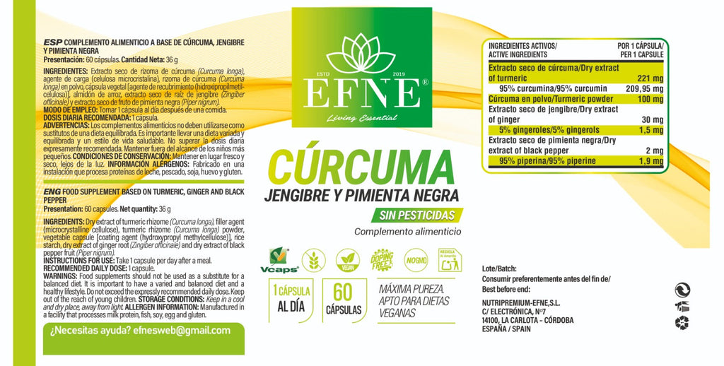 Cúrcuma + Jengibre + Pimienta Negra EFNE — 60 cápsulas