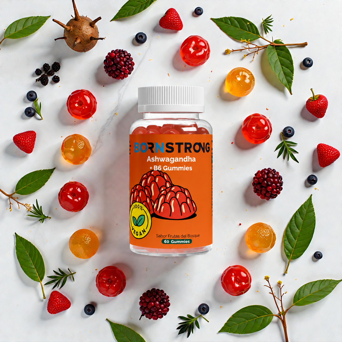 Gominolas Premium de Ashwagandha y vitamina B6 en una composición con frutos del bosque