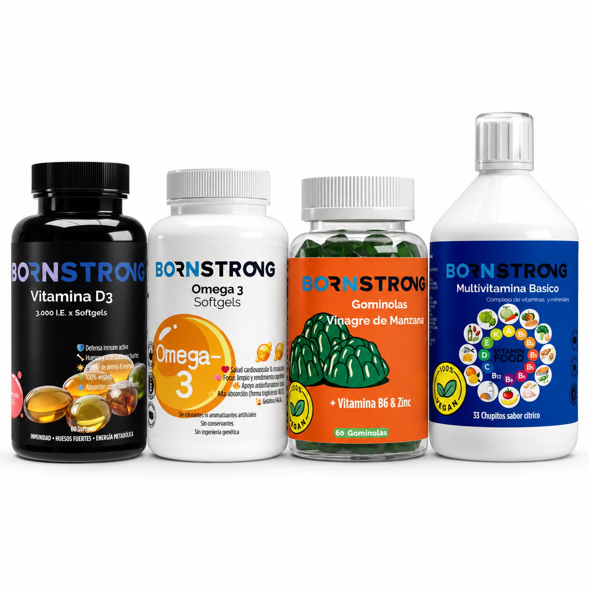 Focus Diario: vitamina D3, omega 3, gominolas de vinagre de sidra y multivitamínico Basic Shots PLUS