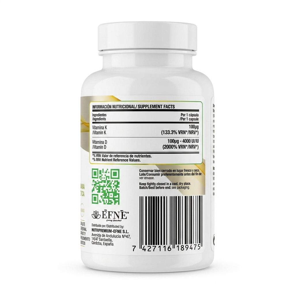 Vitaminas D3 + K2 EFNE | 4000 UI Alta Potencia y Máxima Pureza (100 Cápsulas)