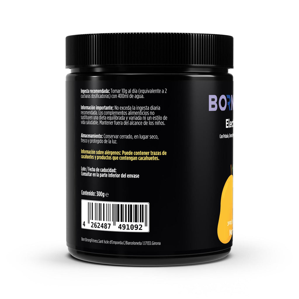 Etiqueta trasera de Electrolito Tropical Mango - 300g, ingredientes y valor nutricional en envase negro