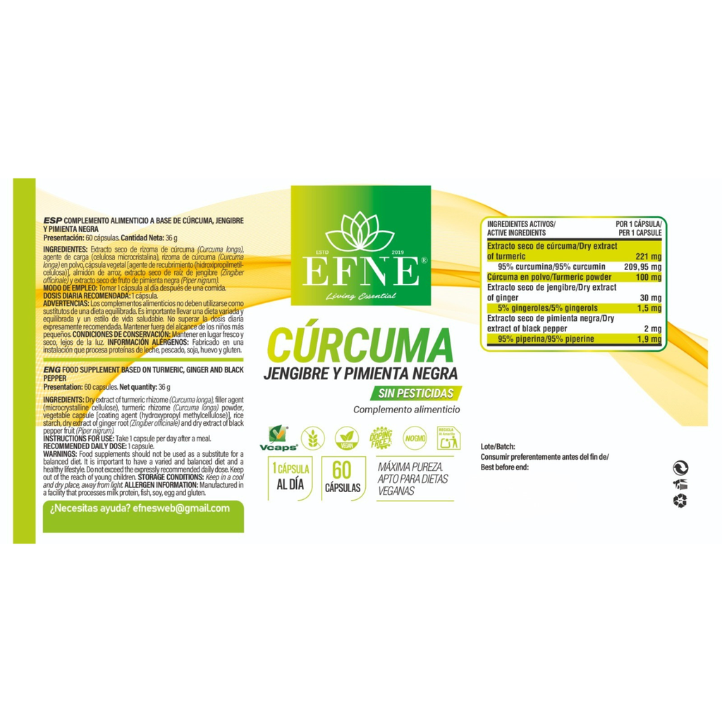 Cúrcuma + Jengibre + Pimienta Negra EFNE — 60 cápsulas