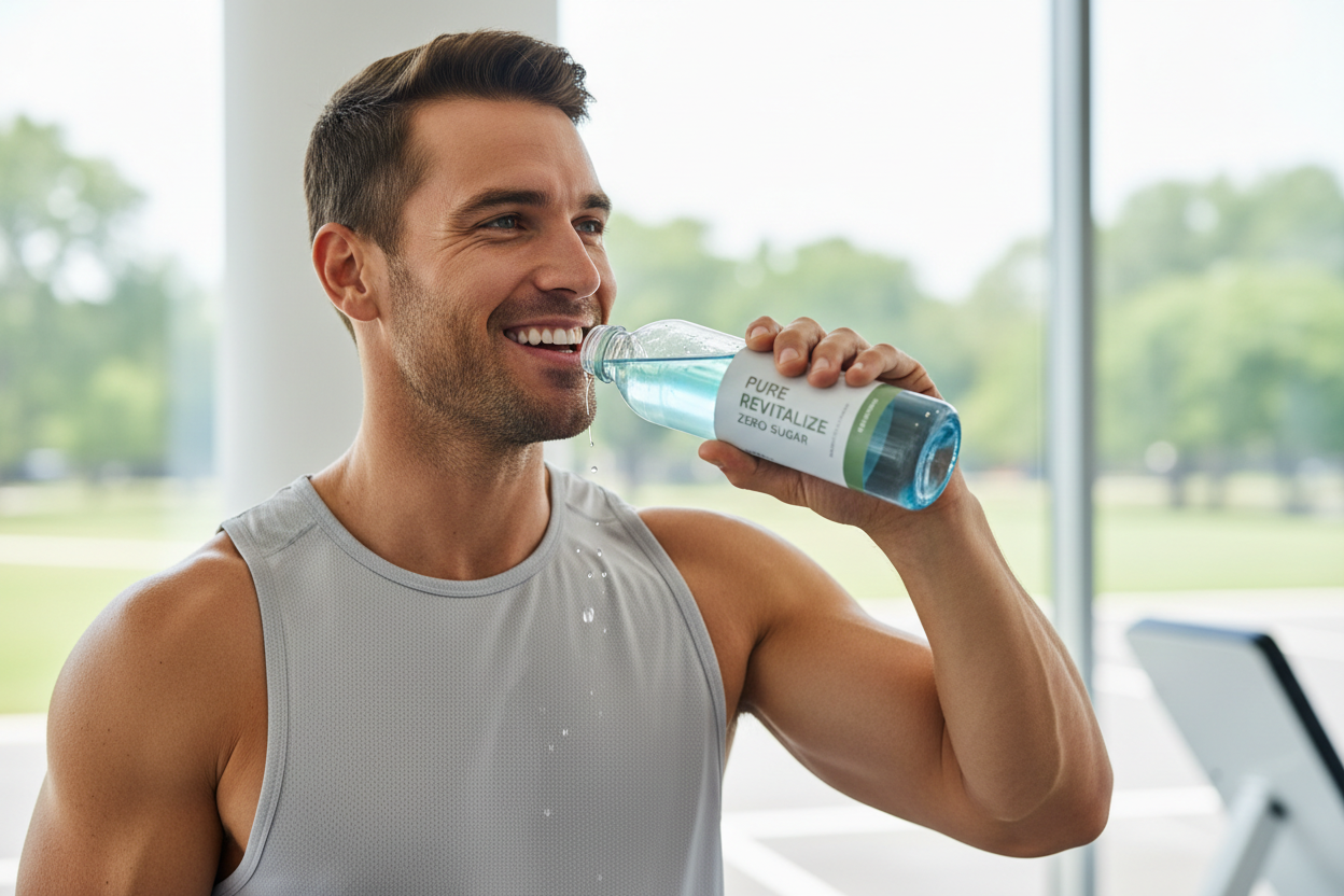 hombre sonriente mood deportista encantado de tomar cosas sin azucar añadido
