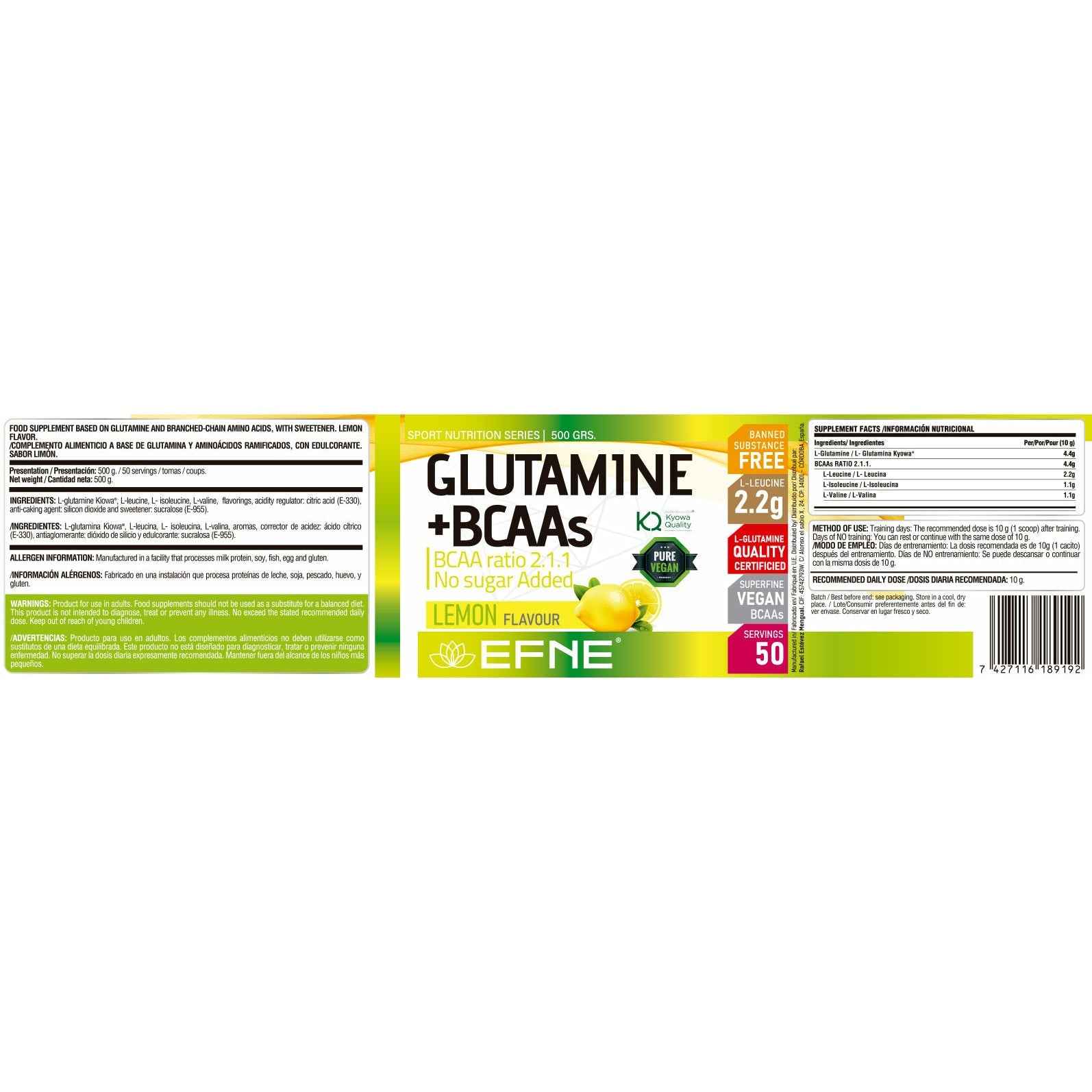 Glutamina Kyowa® + BCAA 2:1:1 500 gr EFNE – Recuperación Muscular Avanzada